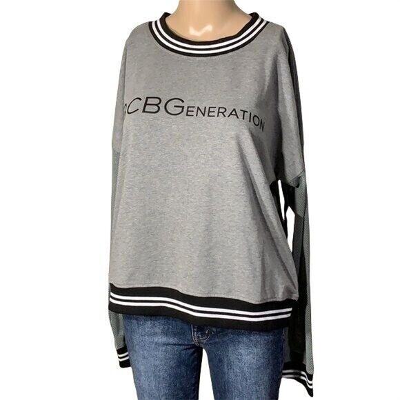 BCBGeneration Womens Sweatshirt Mesh Sleeve Athletic Pullover Retro Gray Large - Picture 8 of 13